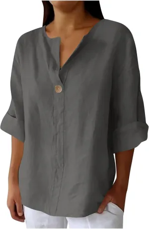 Cotton Linen T Shirt for Women Plus Size Button Up Fashion Casual Blouse Top 3/4 Sleeve 2025 Summer Boho Tunic Shirts