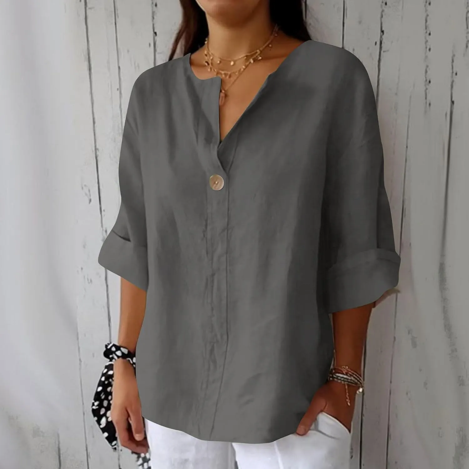 Cotton Linen T Shirt for Women Plus Size Button Up Fashion Casual Blouse Top 3/4 Sleeve 2025 Summer Boho Tunic Shirts