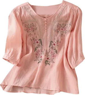 Cotton Linen Tops for Women 2025 Summer Boho Embroidered Mexican Blouse Casual Crewneck Oversized Tee Shirts Tunics