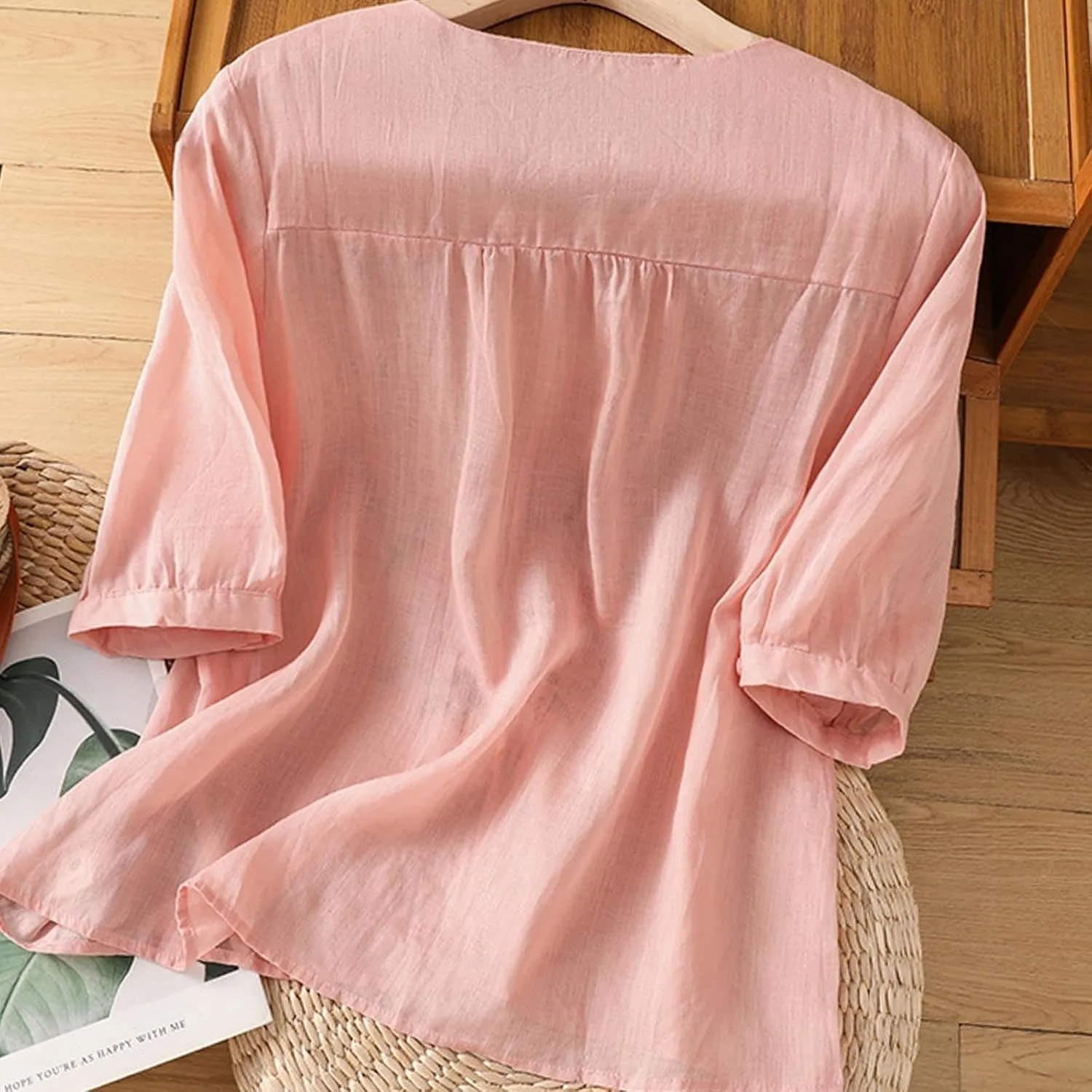 Cotton Linen Tops for Women 2025 Summer Boho Embroidered Mexican Blouse Casual Crewneck Oversized Tee Shirts Tunics