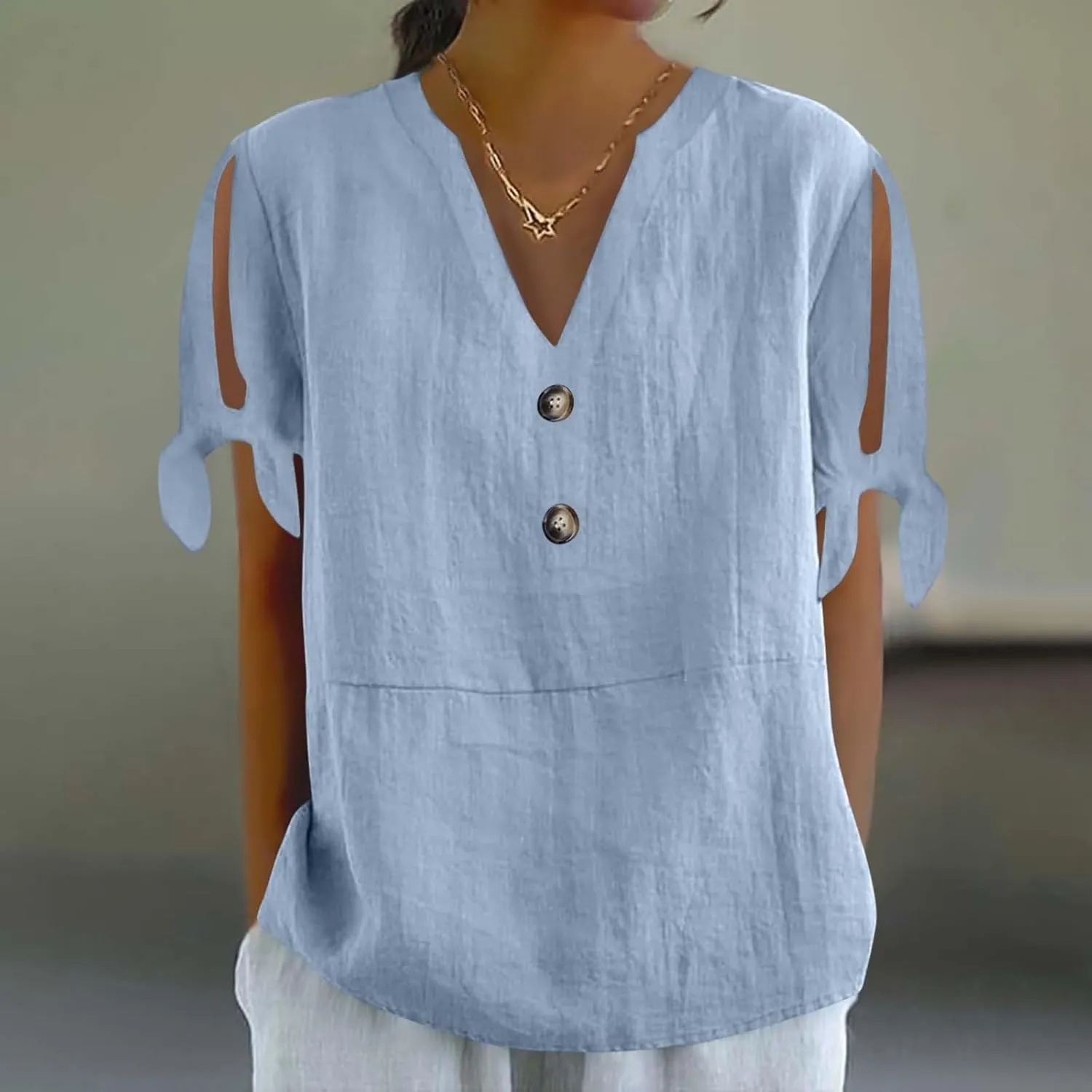 Cotton Linen Tops for Women 2025 Summer Henley V Neck Shirts Cutout Short Sleeve Tunic Gradient Floral Casual Tshirts