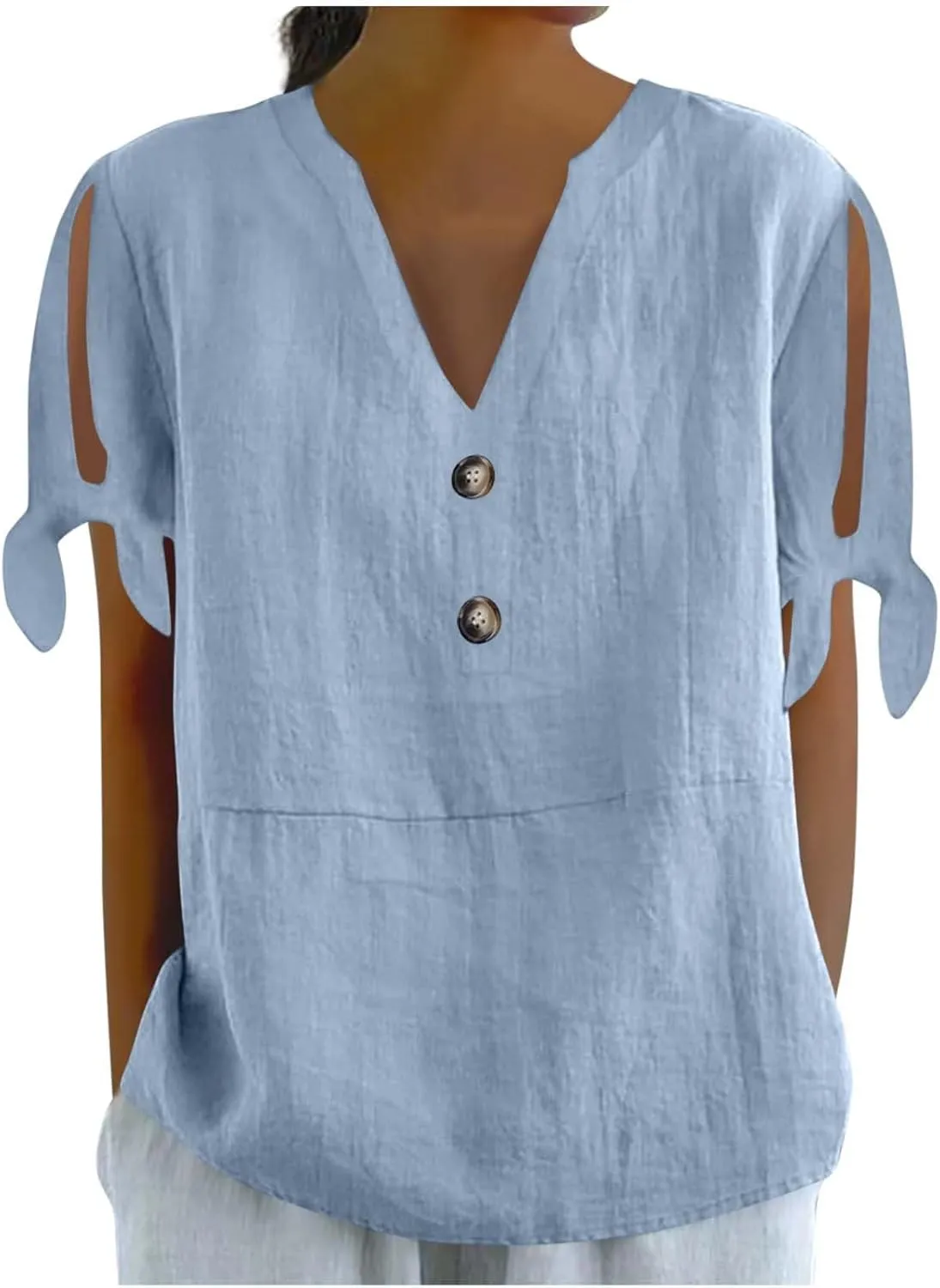 Cotton Linen Tops for Women 2025 Summer Henley V Neck Shirts Cutout Short Sleeve Tunic Gradient Floral Casual Tshirts