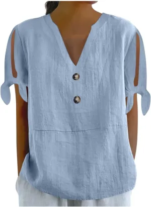 Cotton Linen Tops for Women 2025 Summer Henley V Neck Shirts Cutout Short Sleeve Tunic Gradient Floral Casual Tshirts