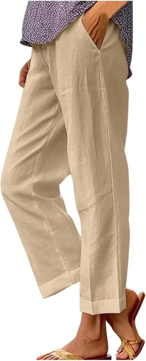 Cropped Linen Pants for Women Casual Lightweight Summer Pant Elastic Waist Plus Size Hiking Beach Trousers with Pocket