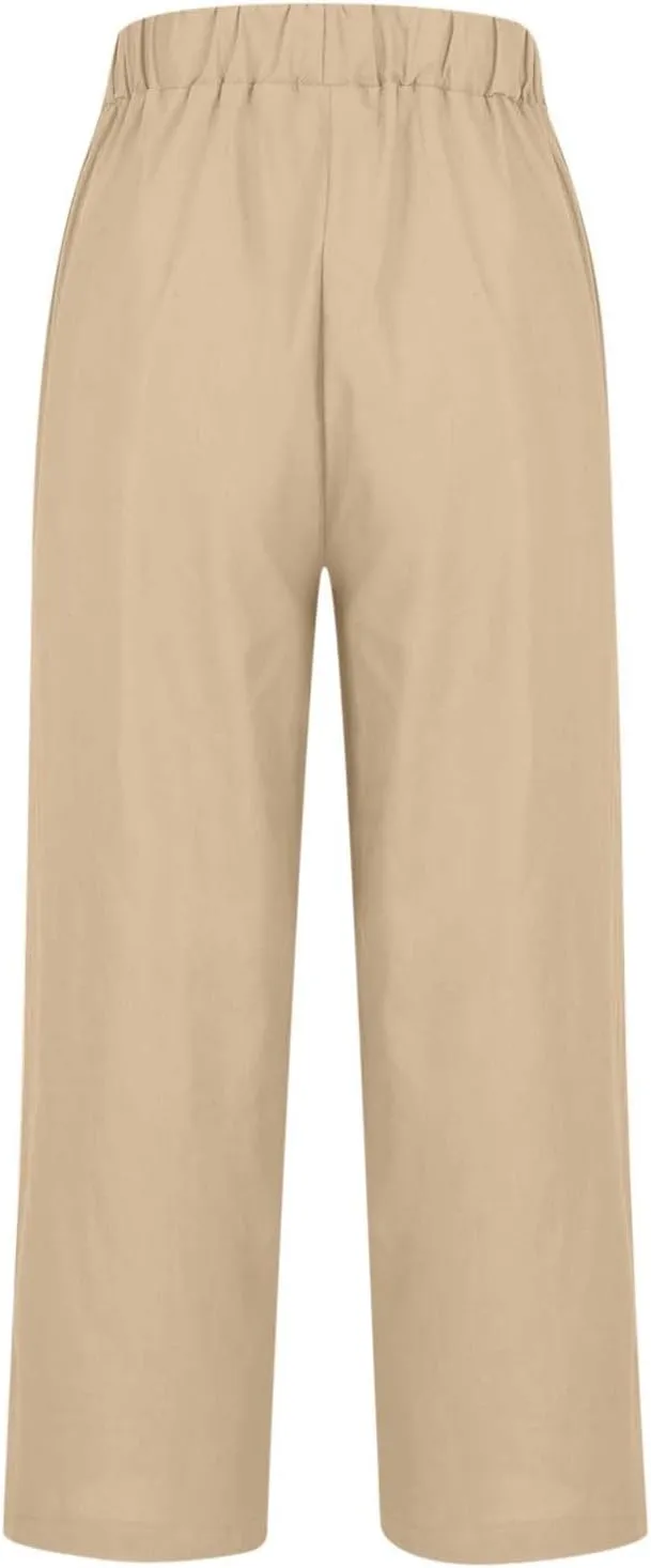 Cropped Linen Pants for Women Casual Lightweight Summer Pant Elastic Waist Plus Size Hiking Beach Trousers with Pocket
