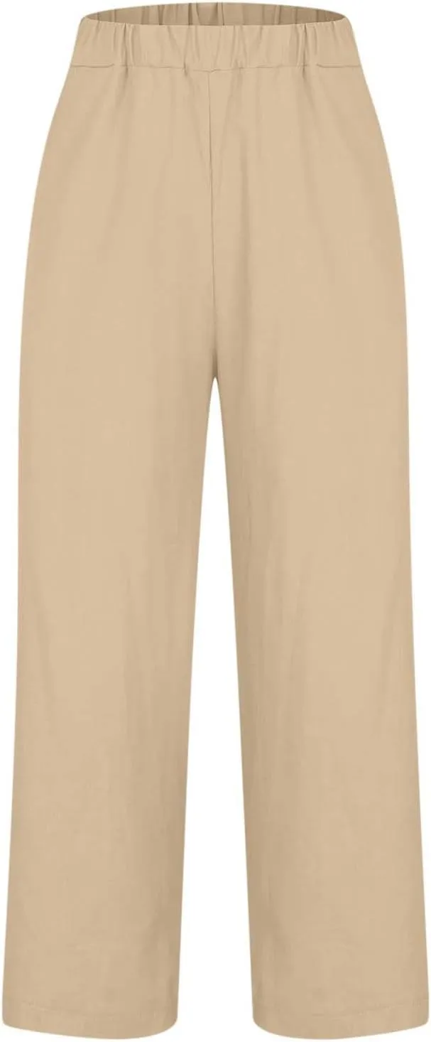 Cropped Linen Pants for Women Casual Lightweight Summer Pant Elastic Waist Plus Size Hiking Beach Trousers with Pocket