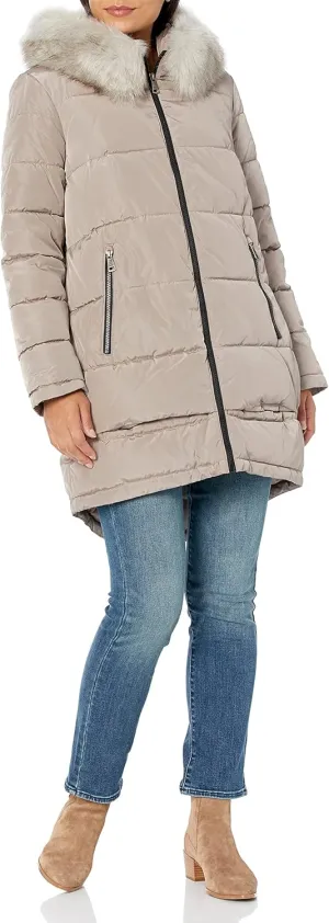 DKNY Women's Faux Fur Hood Long Down Puffer Coat
