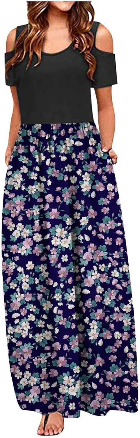 Dresses for Wedding Guest Women Cute Off Shoulder Boho Long Maxi Sun Dress Summer Casual Short Sleeve Dress with Pockets
