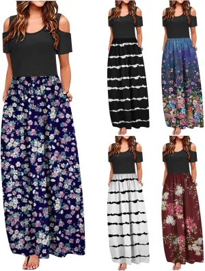 Dresses for Wedding Guest Women Cute Off Shoulder Boho Long Maxi Sun Dress Summer Casual Short Sleeve Dress with Pockets