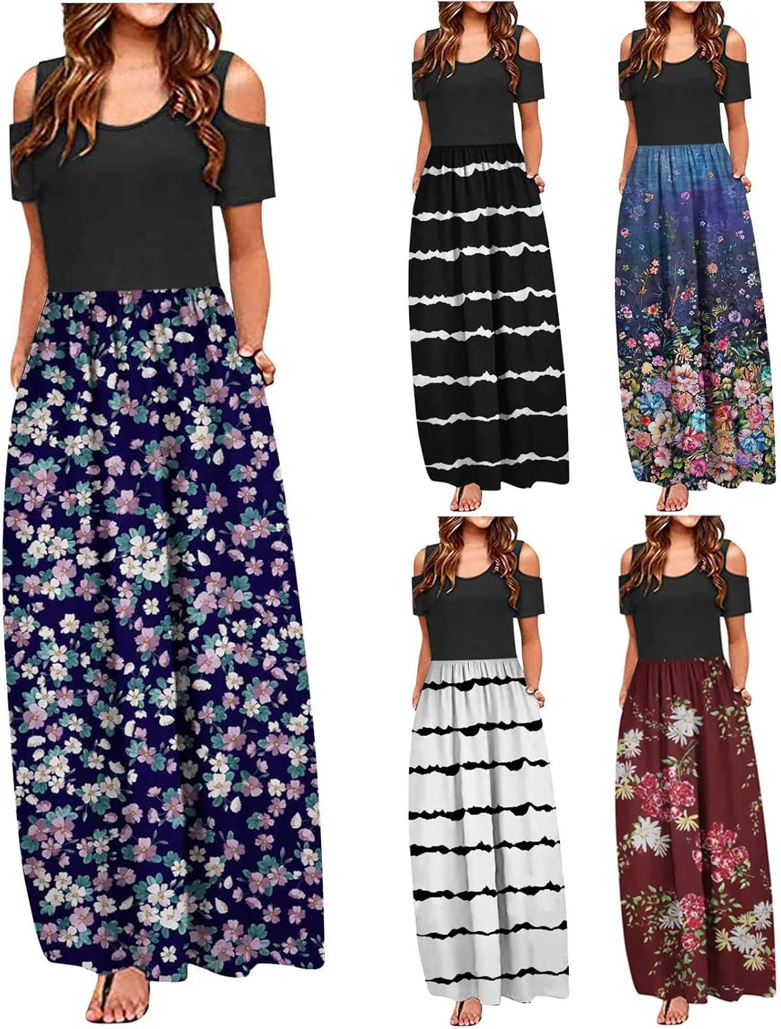 Dresses for Wedding Guest Women Cute Off Shoulder Boho Long Maxi Sun Dress Summer Casual Short Sleeve Dress with Pockets
