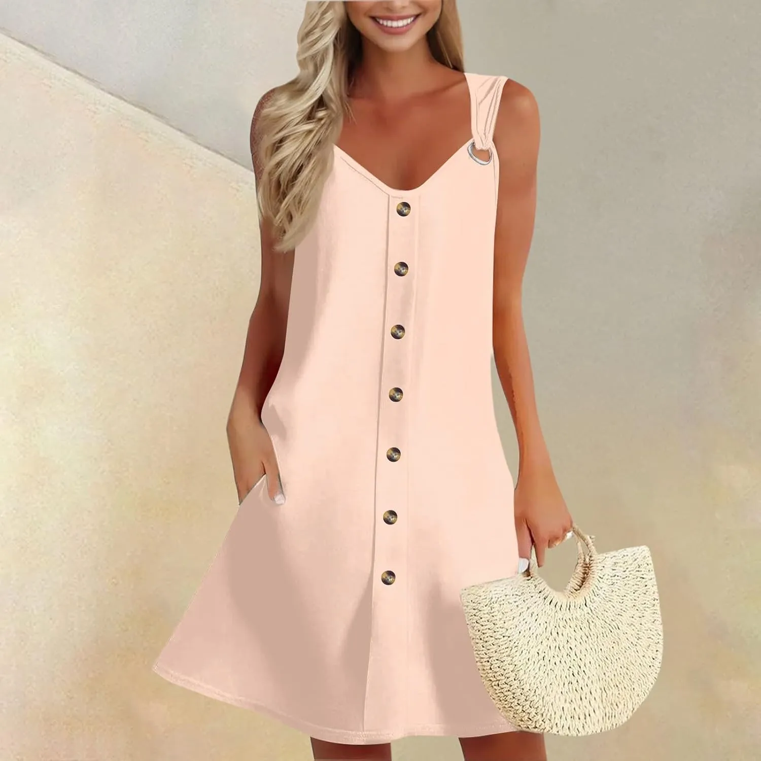 Dresses for Women 2025 Plus Size Mini Dresses Sexy Vacation Sleeveless v Neck Summer Clothes Sundress with Pockets