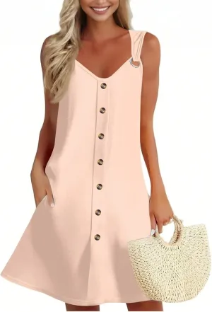 Dresses for Women 2025 Plus Size Mini Dresses Sexy Vacation Sleeveless v Neck Summer Clothes Sundress with Pockets