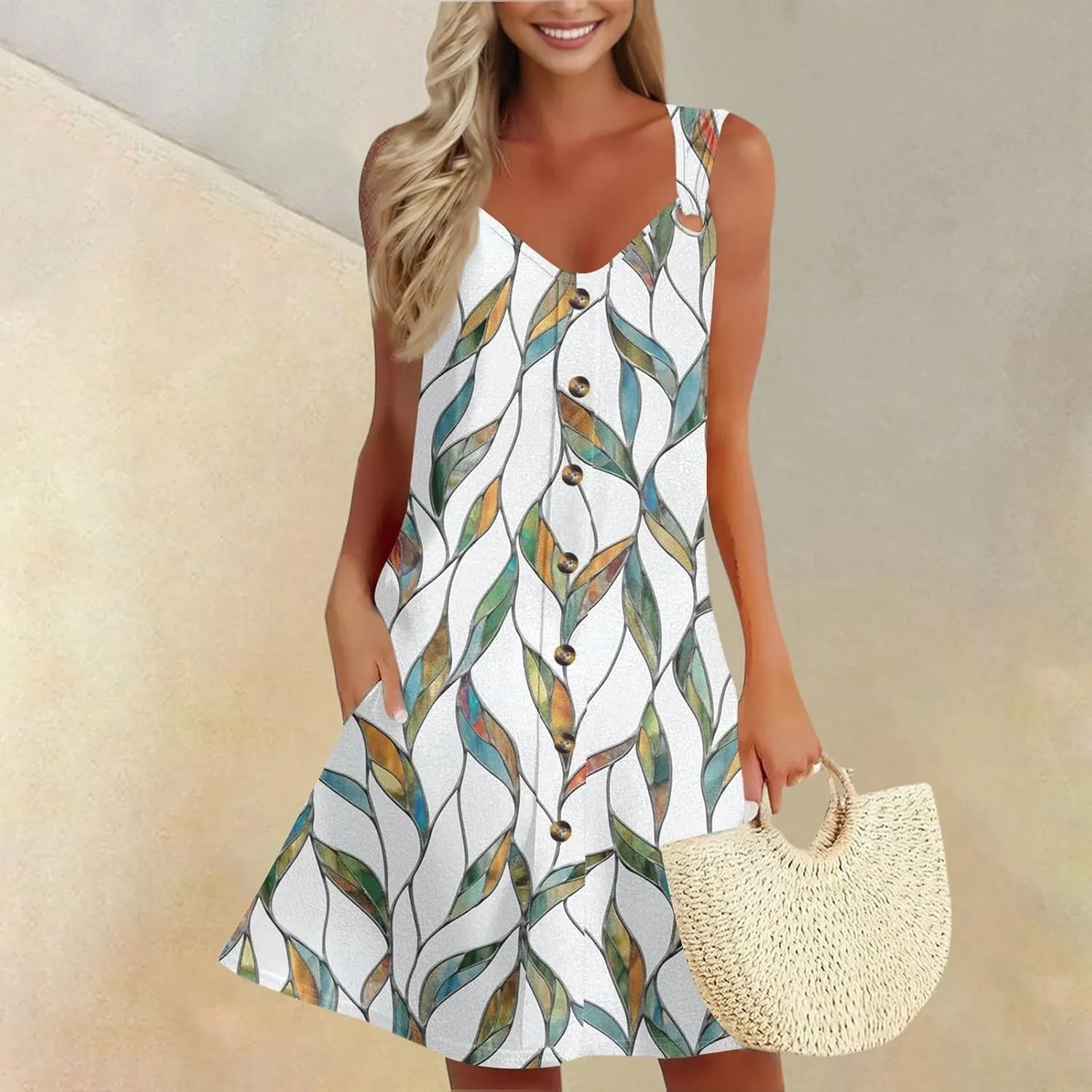 Dresses for Women 2025 Plus Size Mini Dresses Sexy Vacation Sleeveless Vneck Sundress with Pockets Summer Clothes