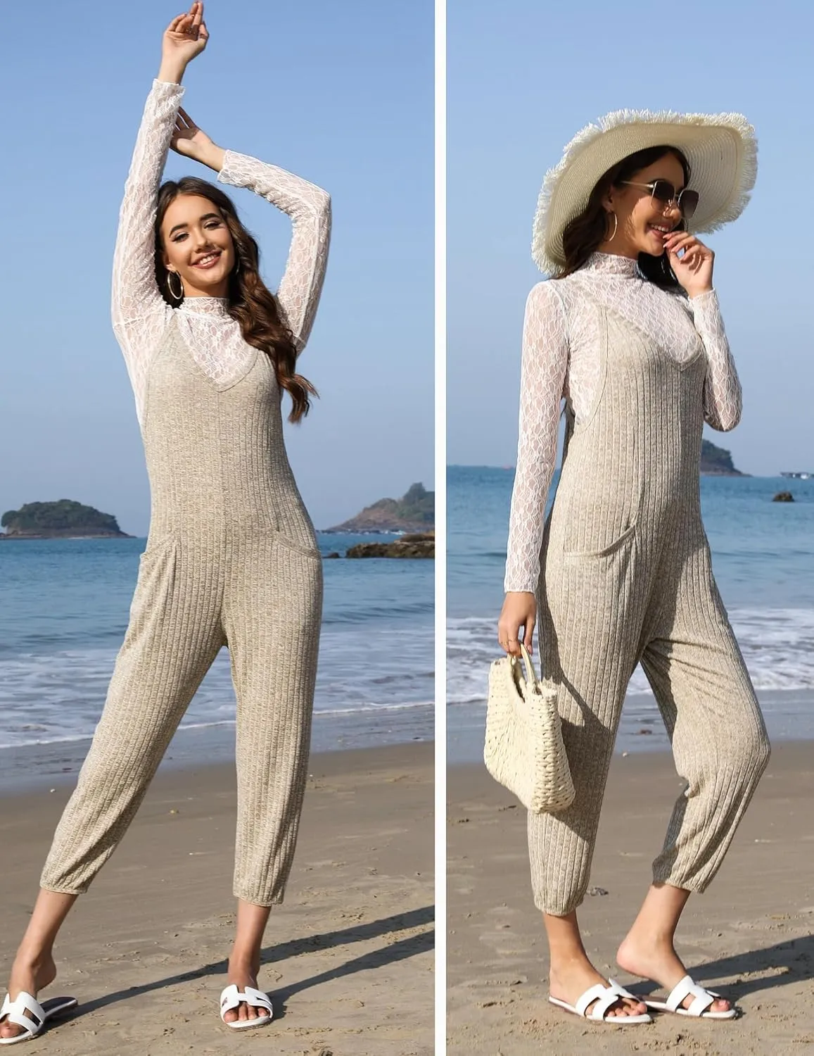 Ekouaer Jumpsuits for Women Sleeveless Spaghetti Strap Ribbed Overall Jumpsuit V Neck Summer Romper with Pockets 2025