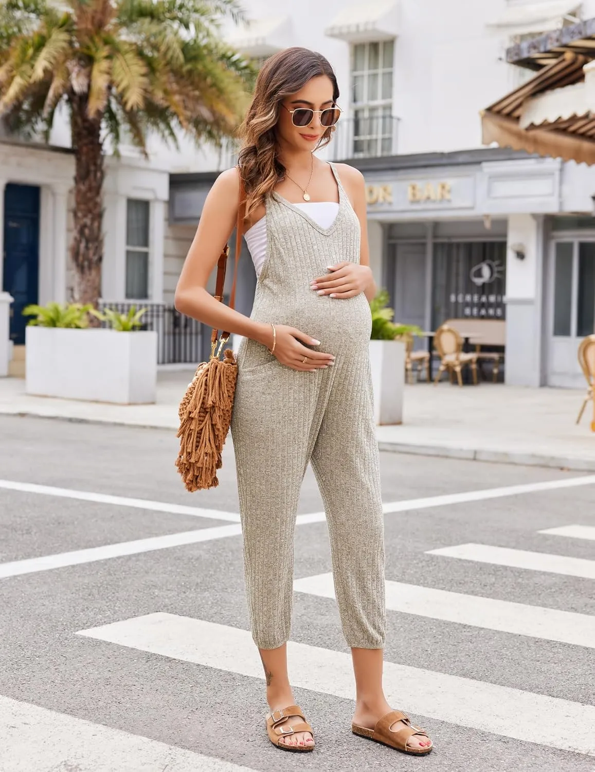 Ekouaer Jumpsuits for Women Sleeveless Spaghetti Strap Ribbed Overall Jumpsuit V Neck Summer Romper with Pockets 2025