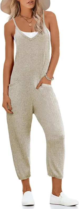 Ekouaer Jumpsuits for Women Sleeveless Spaghetti Strap Ribbed Overall Jumpsuit V Neck Summer Romper with Pockets 2025