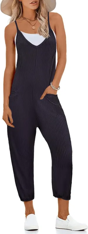 Ekouaer Jumpsuits for Women Sleeveless Spaghetti Strap Ribbed Overall Jumpsuit V Neck Summer Romper with Pockets 2025