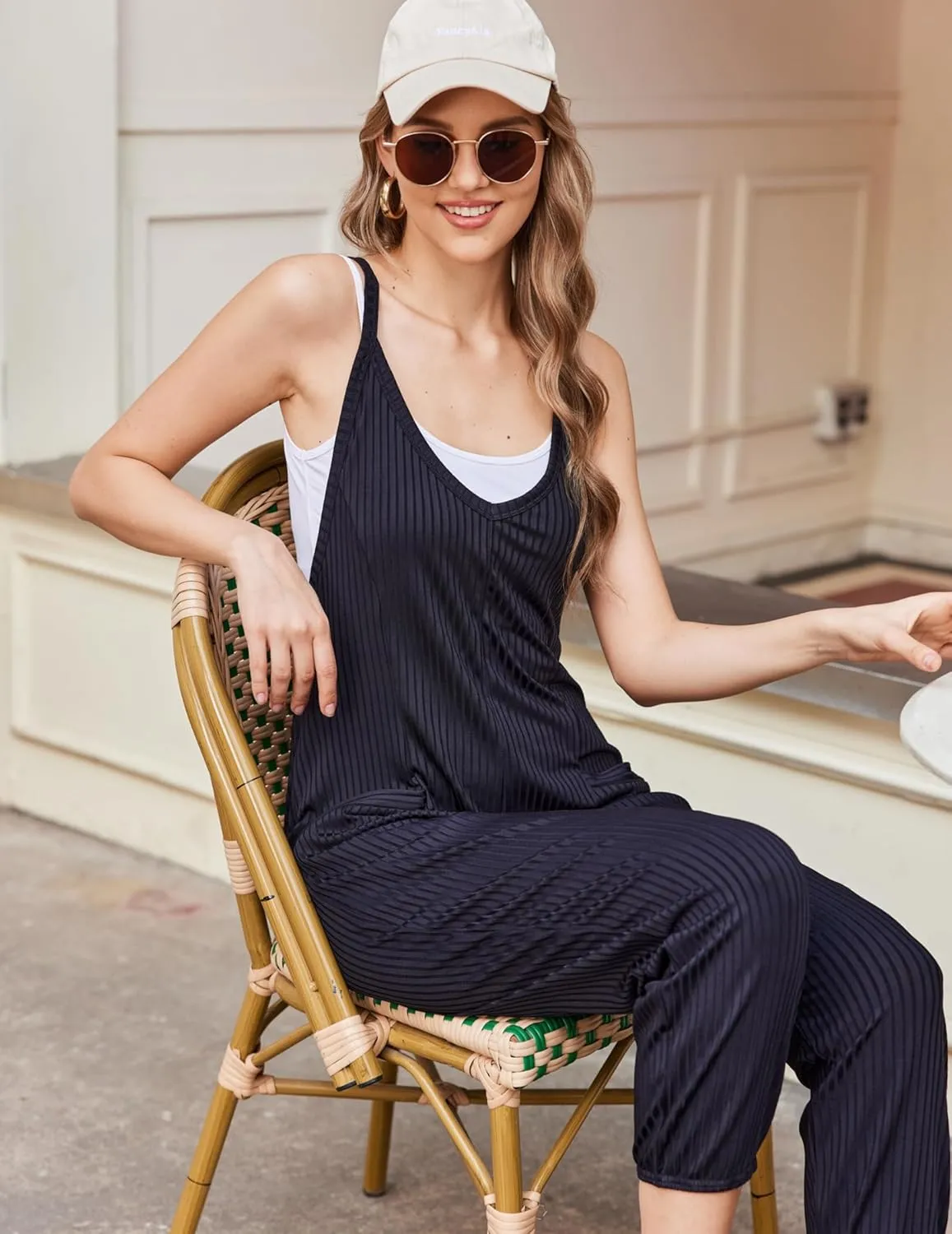 Ekouaer Jumpsuits for Women Sleeveless Spaghetti Strap Ribbed Overall Jumpsuit V Neck Summer Romper with Pockets 2025