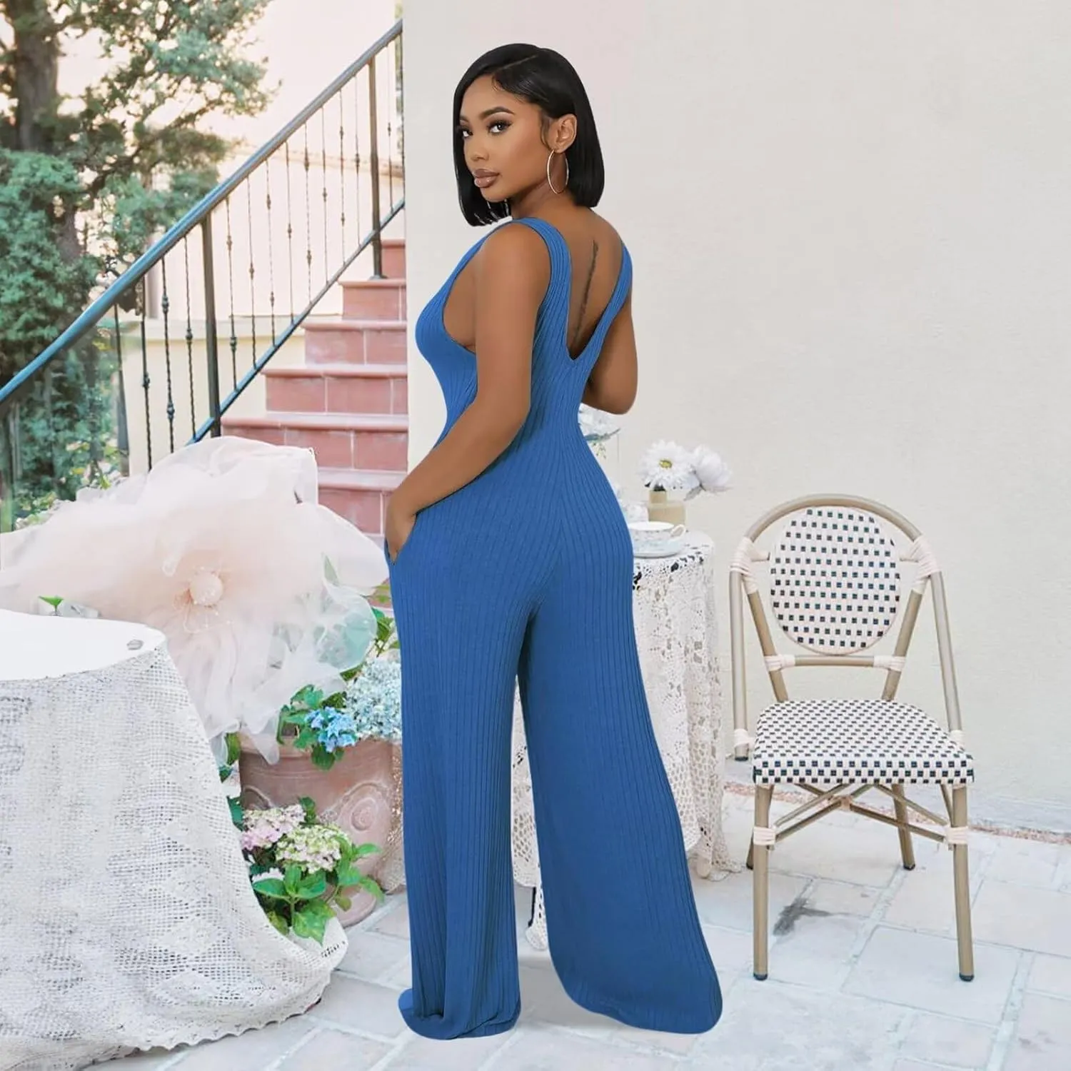 Fastkoala Women's Casual 2 Piece Outfits Ribbed Knitted Cardigan Tank Flare Pants Sweatsuits Vacation Jumpsuits With Pocket