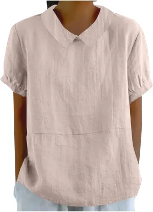Firzero Short Sleeve Tunic Tops for Women Loose Fit Cotton Linen Patchwork Lapel Shirt Solid Color Casual Oversized T Shirts