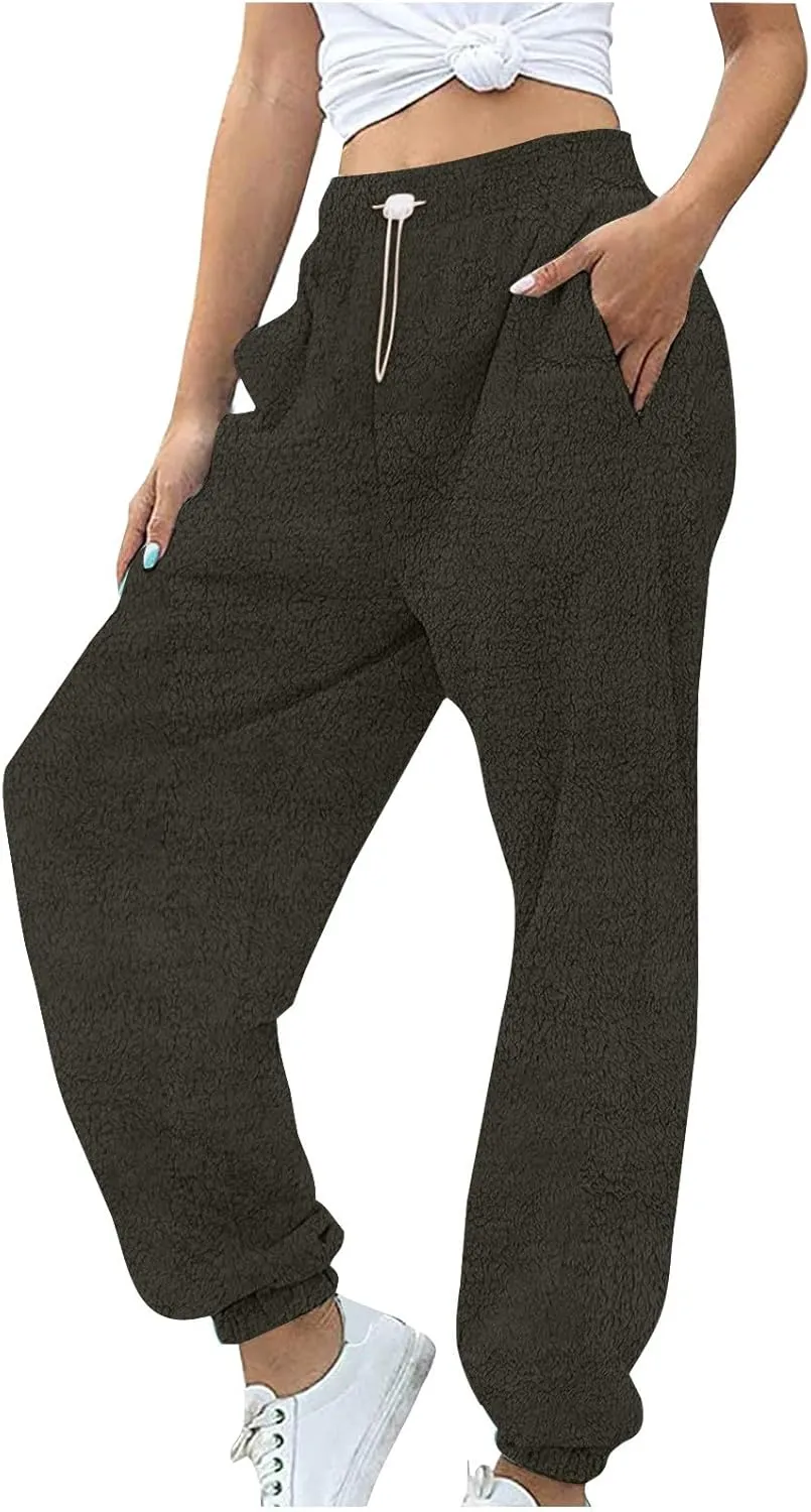 Fleece Sherpa Pajama Pants for Women 2024 Casual Fuzzy Warm Sweatpants Comfy Fluffy Lounge Sleepwear with Pockets