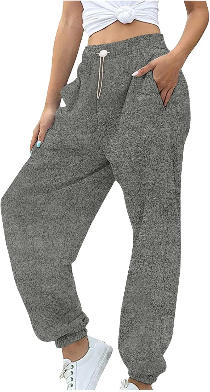 Fleece Sherpa Pajama Pants for Women 2024 Casual Fuzzy Warm Sweatpants Comfy Fluffy Lounge Sleepwear with Pockets