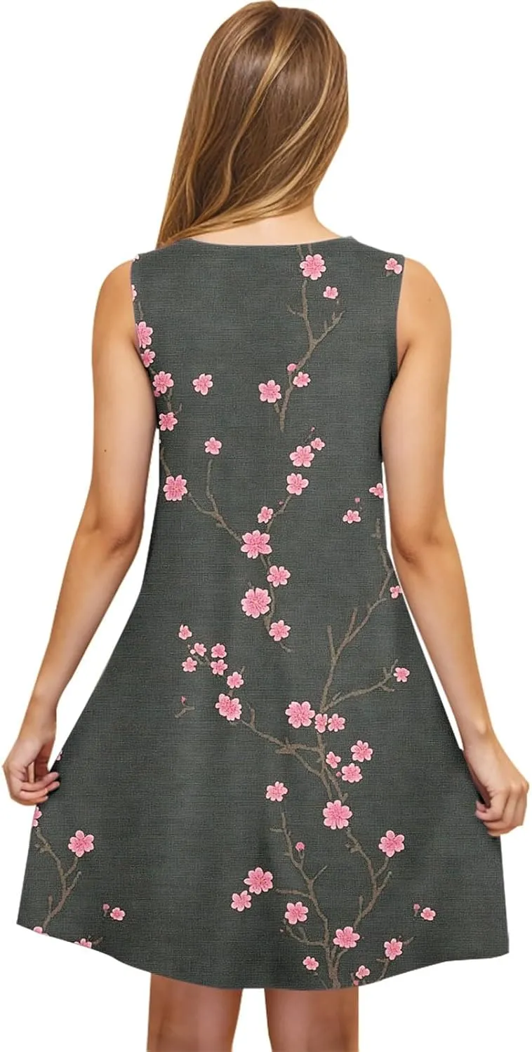 Floral Dresses for Women Boho Sundress Beach Vacation Casual Sleeveless Round Neck Resort Mini Dress with Pocket