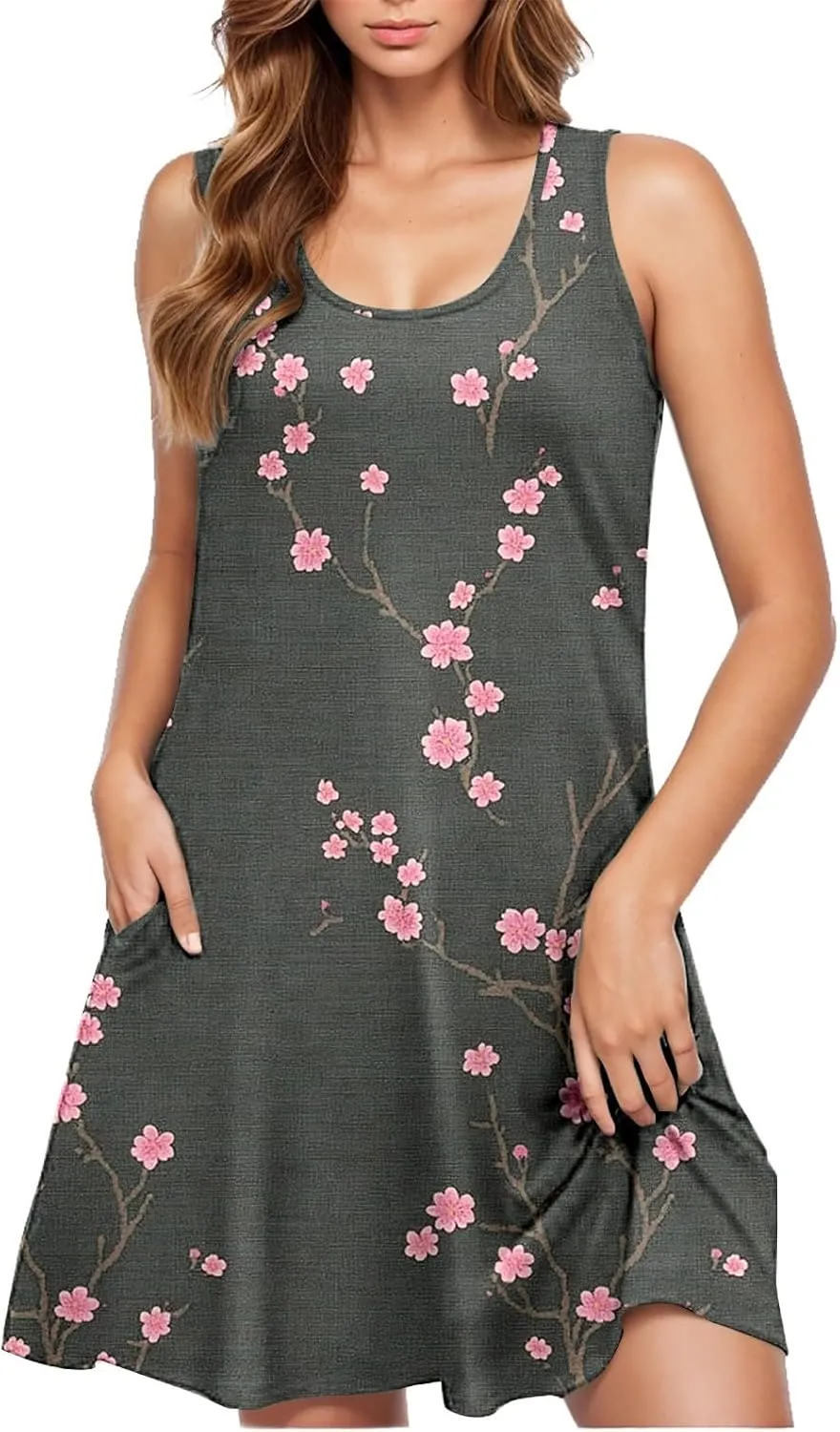 Floral Dresses for Women Boho Sundress Beach Vacation Casual Sleeveless Round Neck Resort Mini Dress with Pocket
