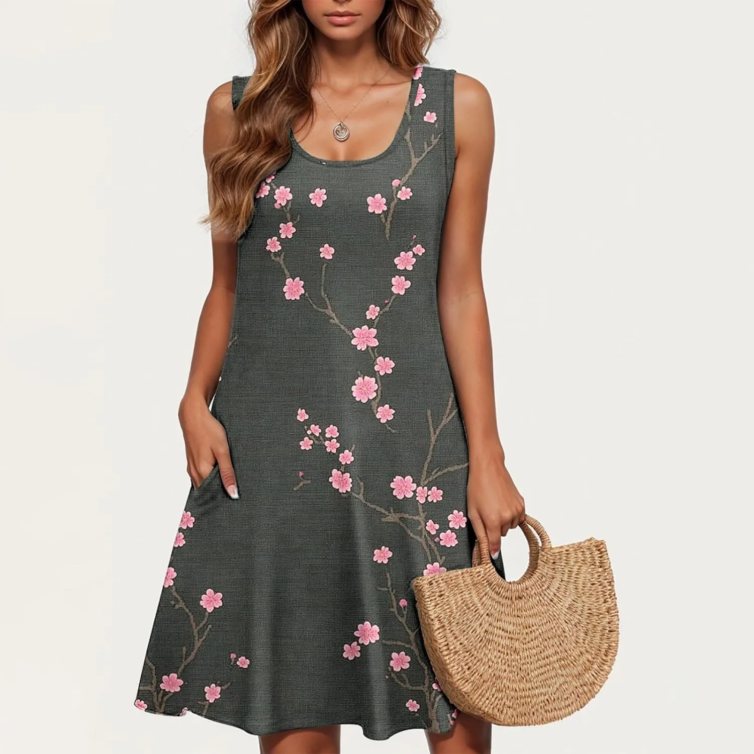 Floral Dresses for Women Boho Sundress Beach Vacation Casual Sleeveless Round Neck Resort Mini Dress with Pocket