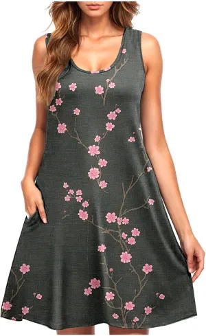 Floral Dresses for Women Boho Sundress Beach Vacation Casual Sleeveless Round Neck Resort Mini Dress with Pocket