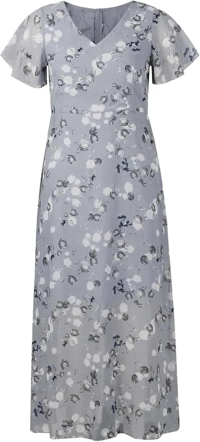Floral Maxi Dresses for Women 2025 Summer Elegant Flutter Sleeve Long Flowy Dresses Trendy V Neck Chiffon Garden Party Dress