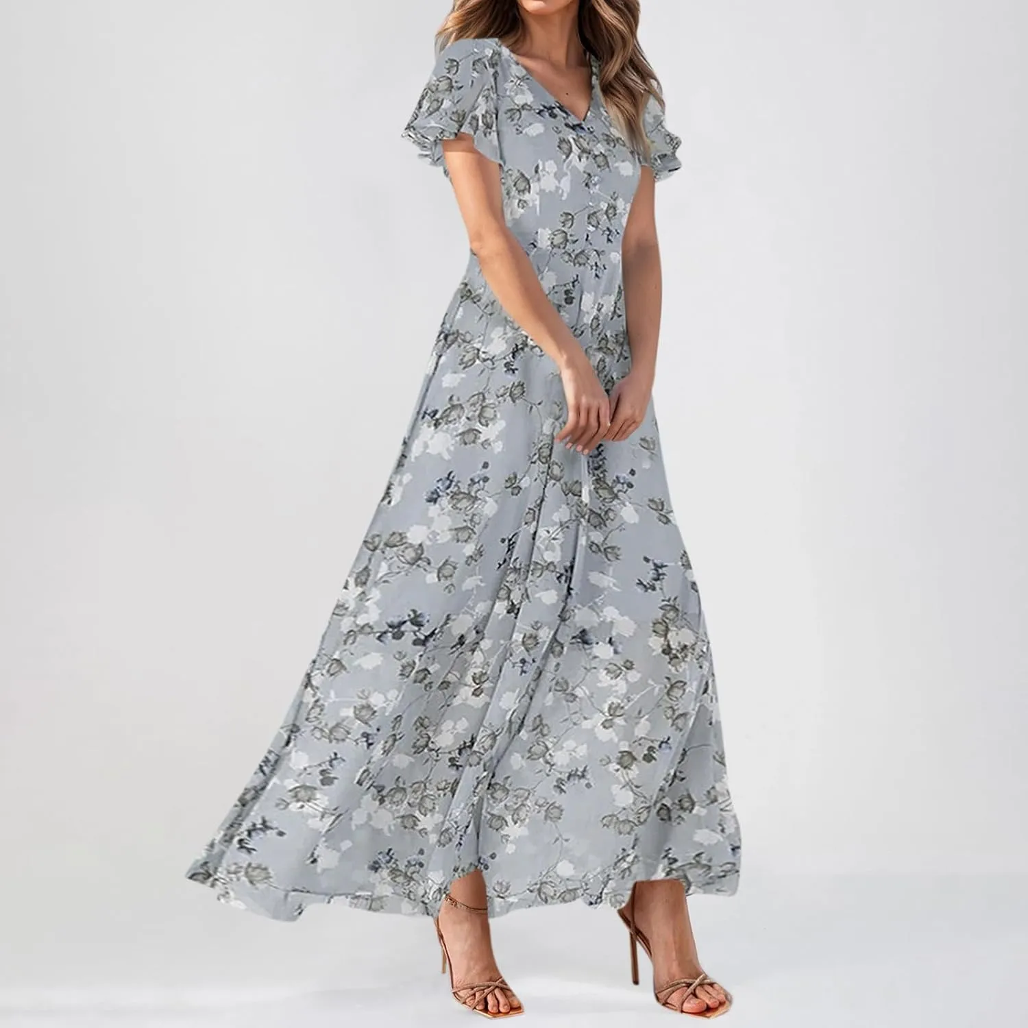 Floral Maxi Dresses for Women 2025 Summer Elegant Flutter Sleeve Long Flowy Dresses Trendy V Neck Chiffon Garden Party Dress