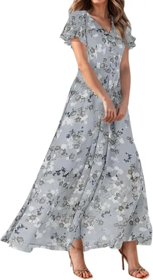 Floral Maxi Dresses for Women 2025 Summer Elegant Flutter Sleeve Long Flowy Dresses Trendy V Neck Chiffon Garden Party Dress