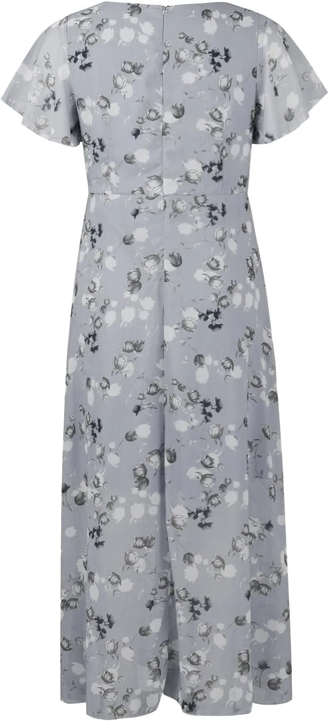 Floral Maxi Dresses for Women 2025 Summer Elegant Flutter Sleeve Long Flowy Dresses Trendy V Neck Chiffon Garden Party Dress