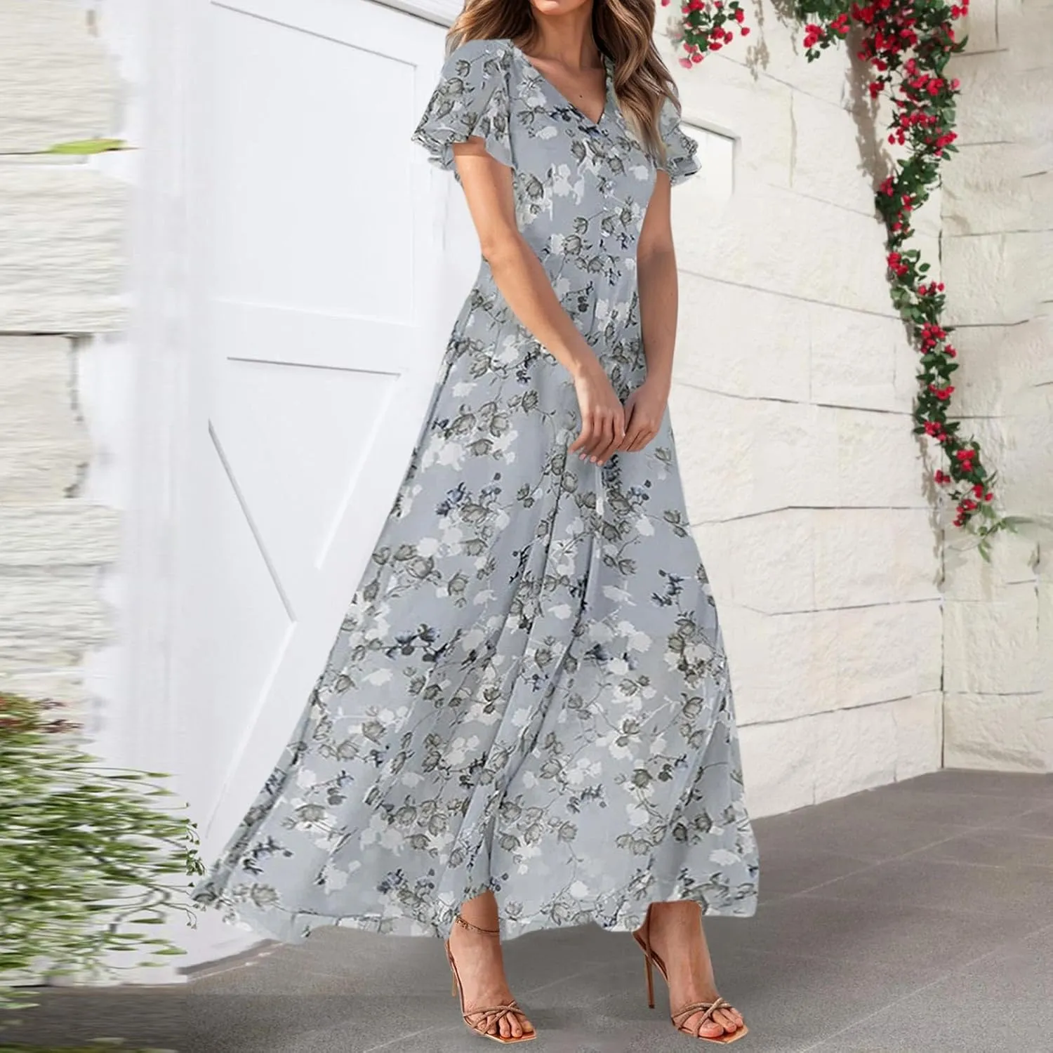 Floral Maxi Dresses for Women 2025 Summer Elegant Flutter Sleeve Long Flowy Dresses Trendy V Neck Chiffon Garden Party Dress