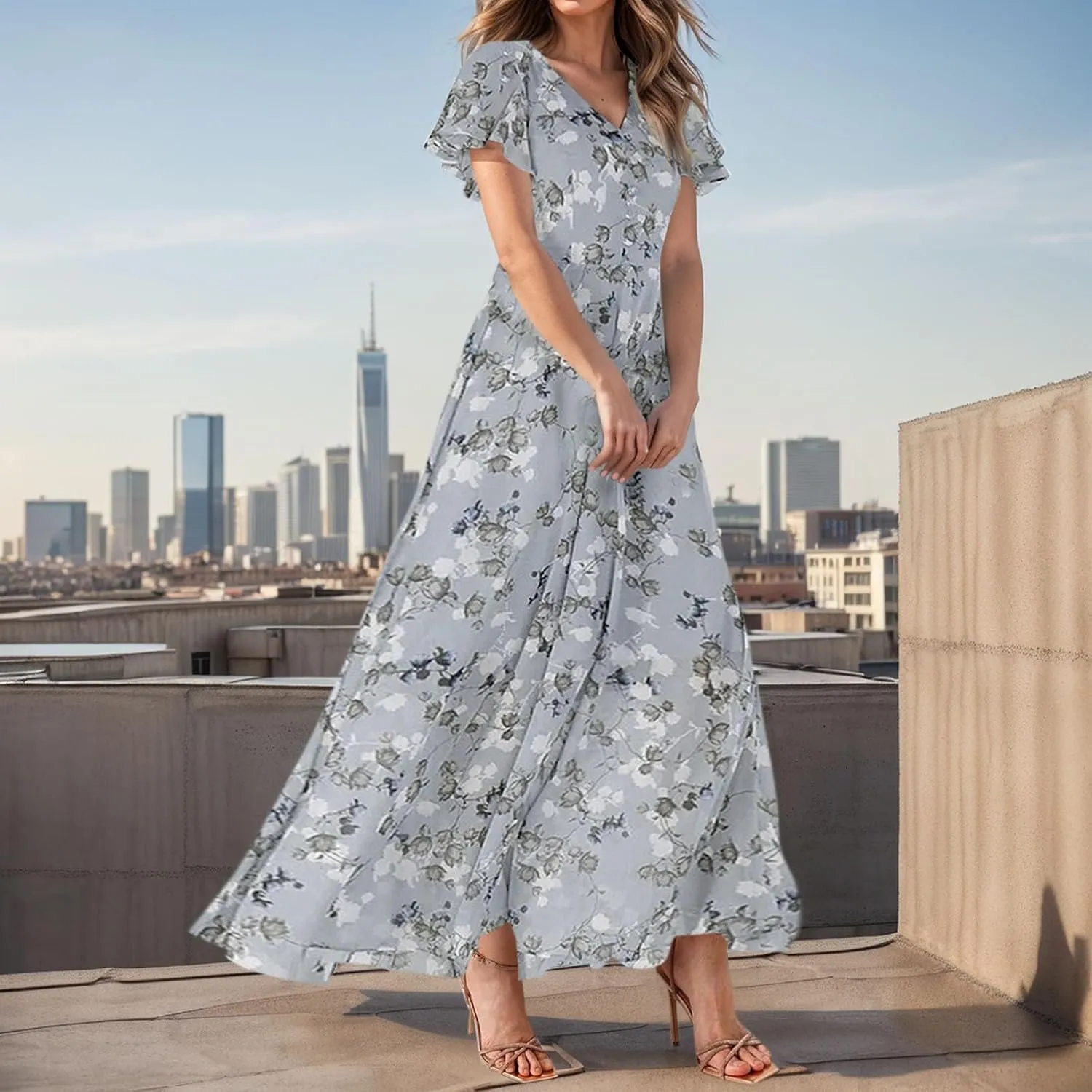 Floral Maxi Dresses for Women 2025 Summer Elegant Flutter Sleeve Long Flowy Dresses Trendy V Neck Chiffon Garden Party Dress