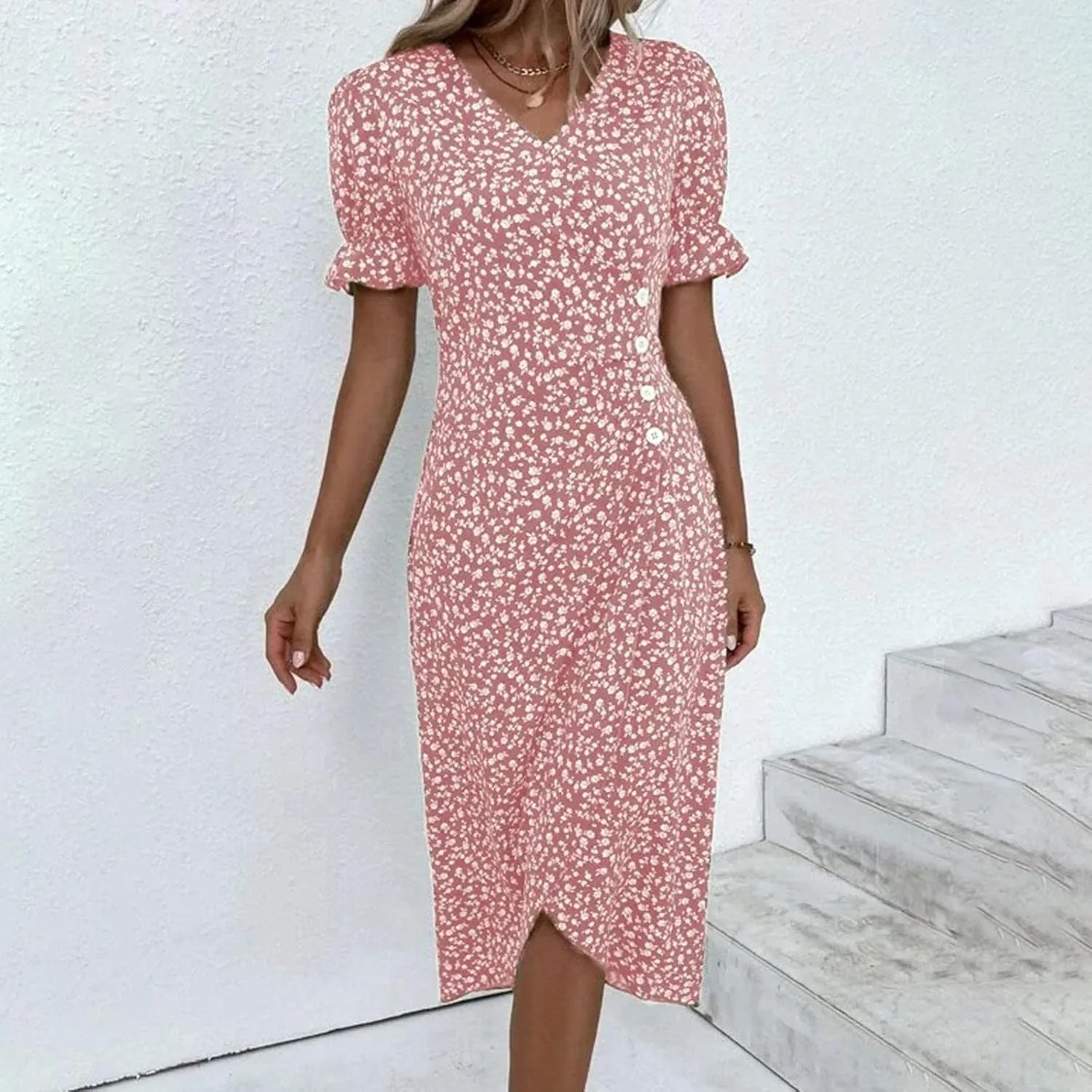 Floral Vacation Dresses for Women Summer Short Sleeve Wrap V Neck A-Line Midi Dress Beach Elegant Trendy Sundress