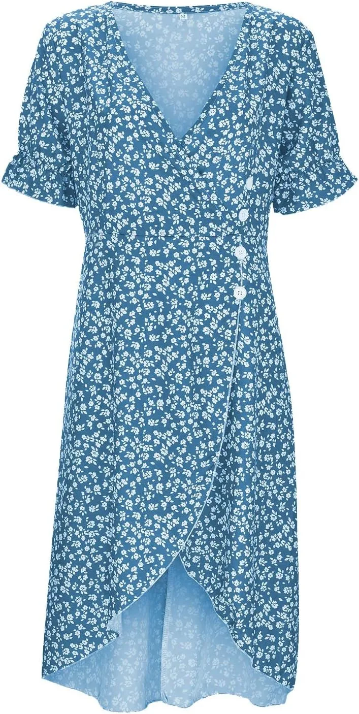 Floral Vacation Dresses for Women Summer Short Sleeve Wrap V Neck A-Line Midi Dress Beach Elegant Trendy Sundress