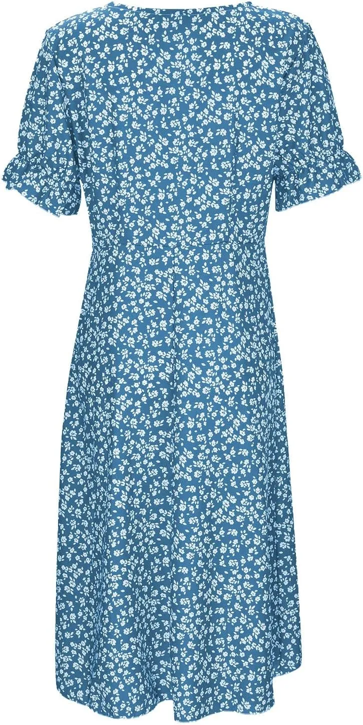 Floral Vacation Dresses for Women Summer Short Sleeve Wrap V Neck A-Line Midi Dress Beach Elegant Trendy Sundress