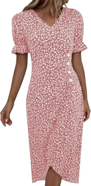 Floral Vacation Dresses for Women Summer Short Sleeve Wrap V Neck A-Line Midi Dress Beach Elegant Trendy Sundress