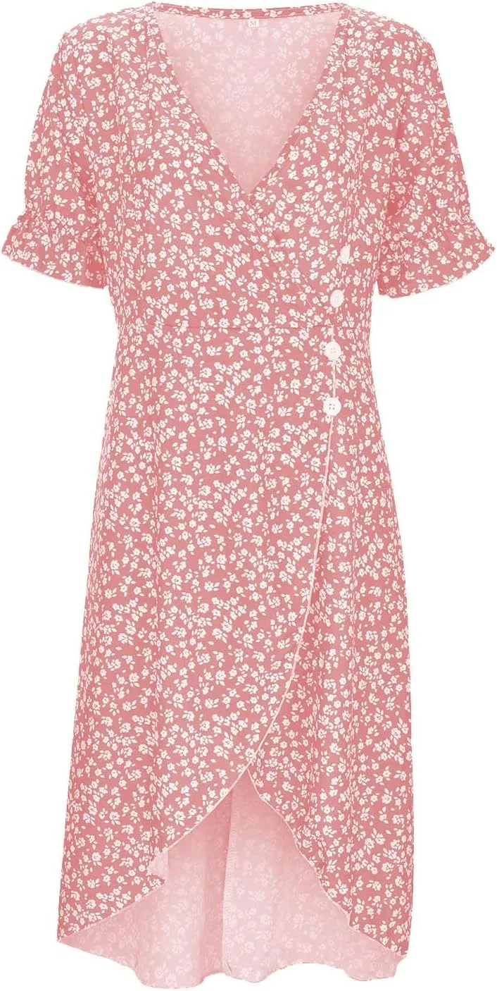 Floral Vacation Dresses for Women Summer Short Sleeve Wrap V Neck A-Line Midi Dress Beach Elegant Trendy Sundress