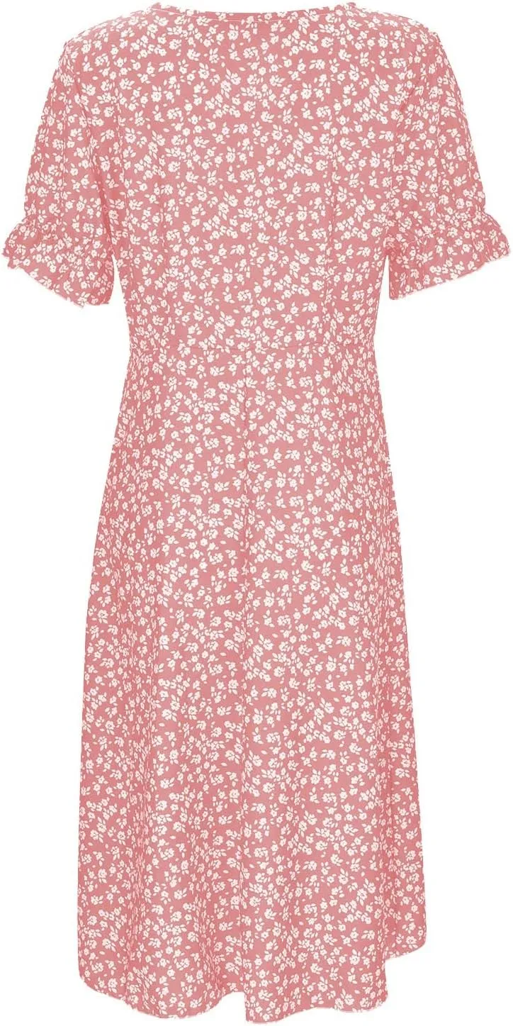 Floral Vacation Dresses for Women Summer Short Sleeve Wrap V Neck A-Line Midi Dress Beach Elegant Trendy Sundress
