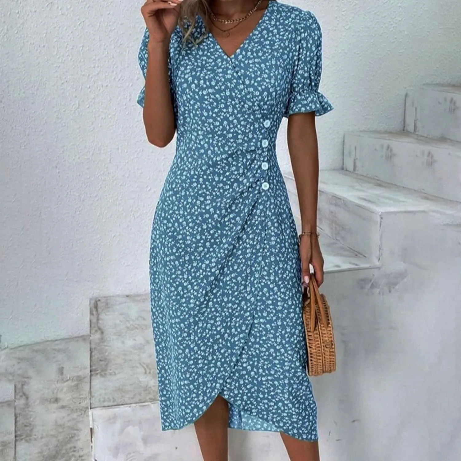 Floral Vacation Dresses for Women Summer Short Sleeve Wrap V Neck A-Line Midi Dress Beach Elegant Trendy Sundress