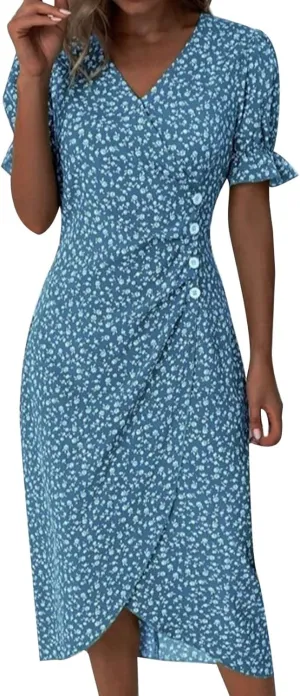Floral Vacation Dresses for Women Summer Short Sleeve Wrap V Neck A-Line Midi Dress Beach Elegant Trendy Sundress