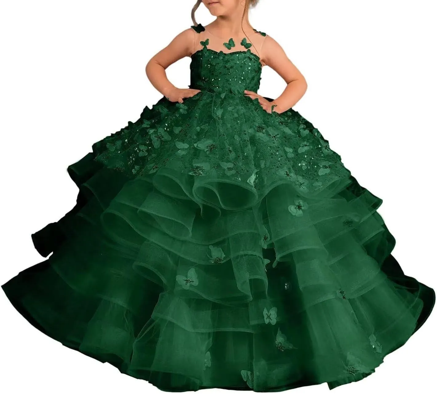 Flower Girl Dress Tulle Butterfly Appliques Pageant Dress for Girls Ruffle Layered Ball Gown First Communion Dress