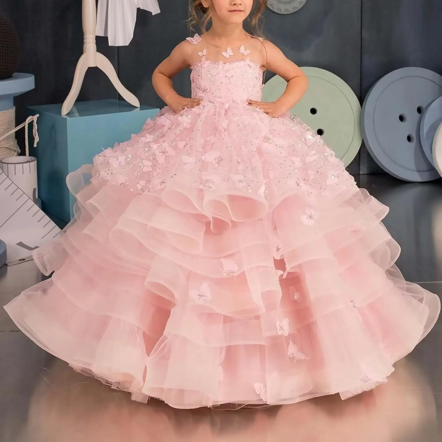 Flower Girl Dress Tulle Butterfly Appliques Pageant Dress for Girls Ruffle Layered Ball Gown First Communion Dress