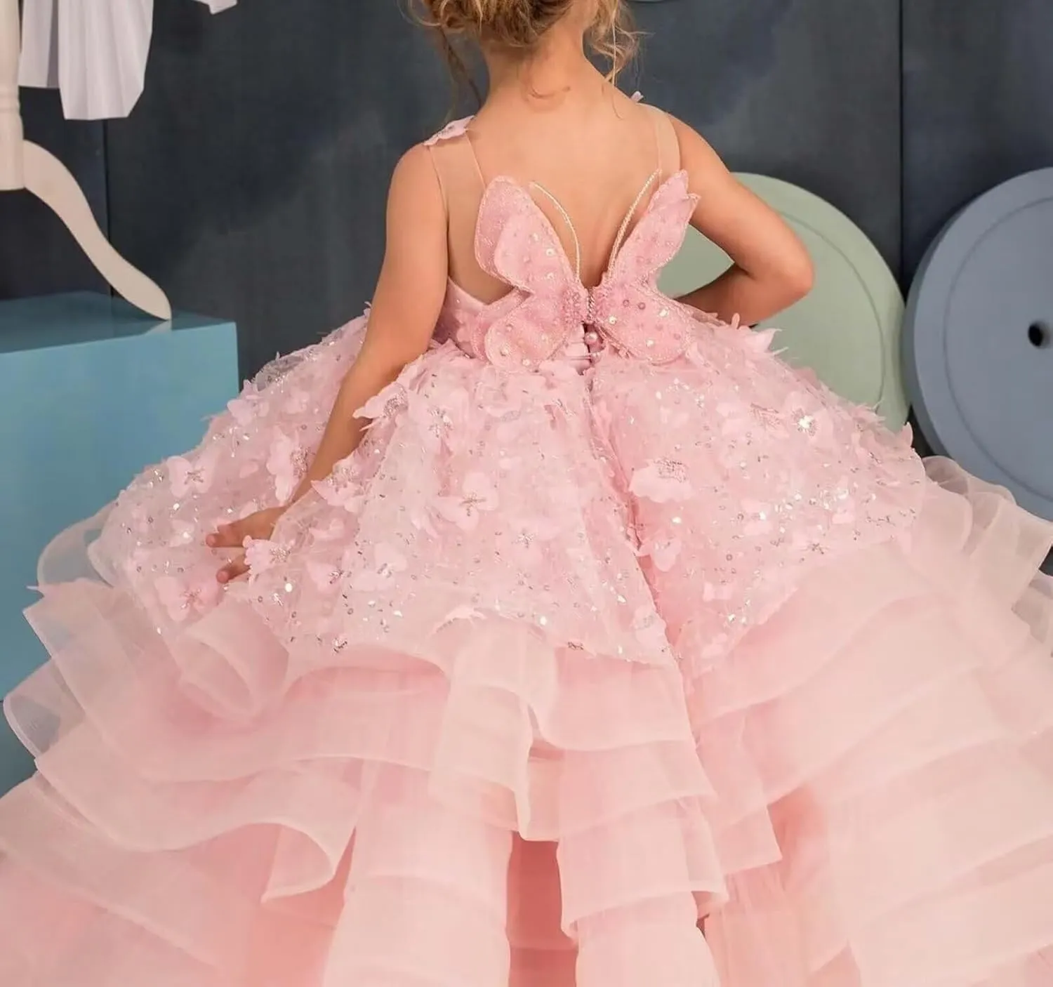 Flower Girl Dress Tulle Butterfly Appliques Pageant Dress for Girls Ruffle Layered Ball Gown First Communion Dress