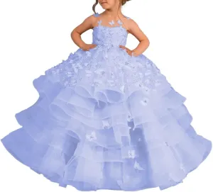 Flower Girl Dress Tulle Butterfly Appliques Pageant Dress for Girls Ruffle Layered Ball Gown First Communion Dress