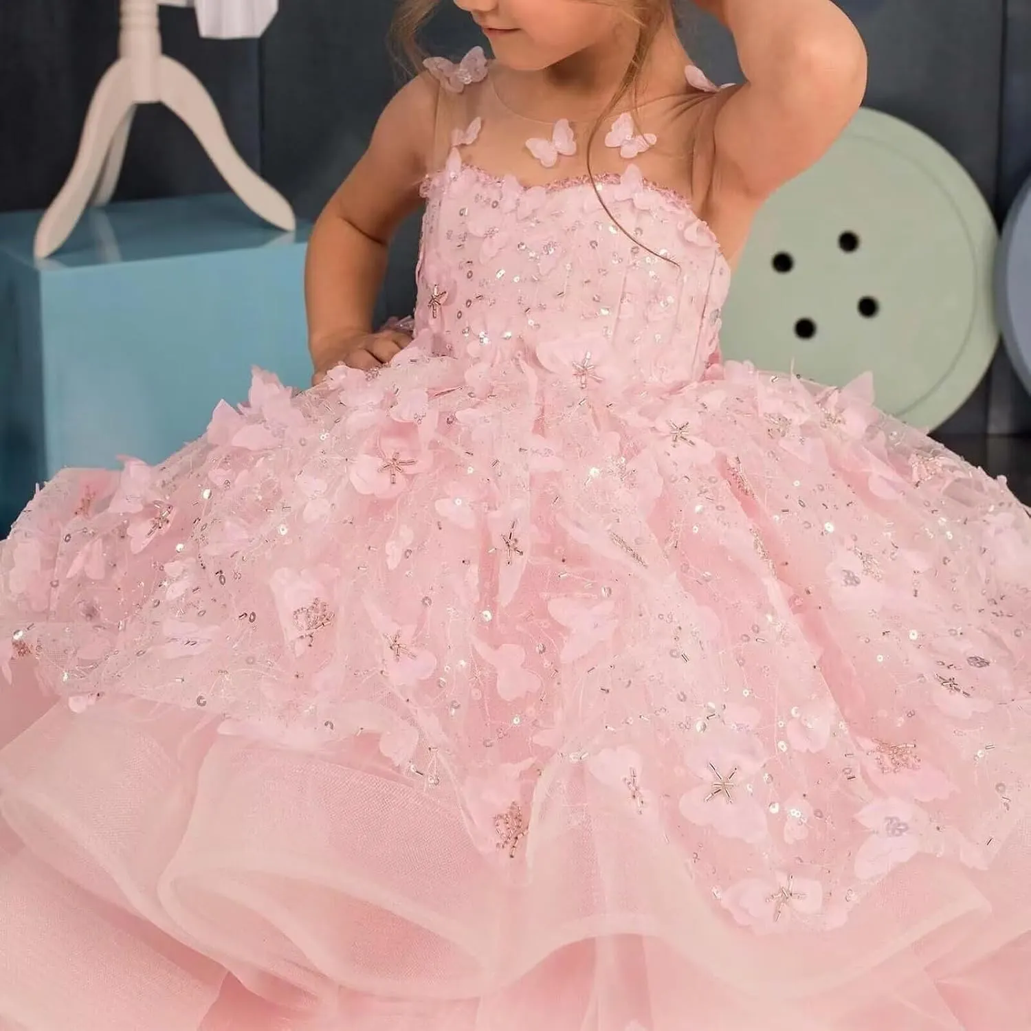 Flower Girl Dress Tulle Butterfly Appliques Pageant Dress for Girls Ruffle Layered Ball Gown First Communion Dress