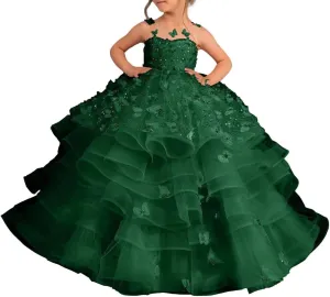Flower Girl Dress Tulle Butterfly Appliques Pageant Dress for Girls Ruffle Layered Ball Gown First Communion Dress